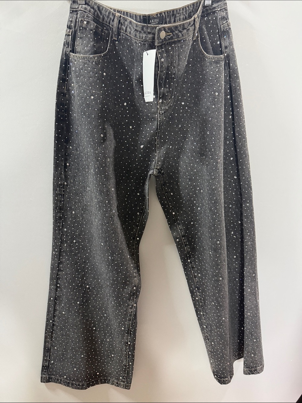 🔥🔥AKIRA Black Wide-Leg Jeans with All-Over Silver Rhinestones - Picture 9 of 10